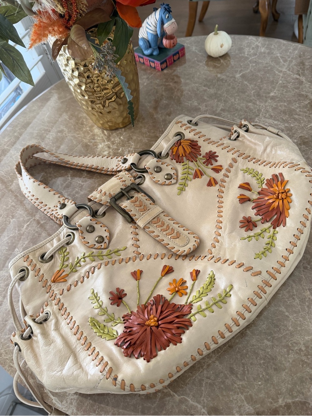 Isabella Fiore Cream Shoulder Bag with Orange & Green Floral Appliqué